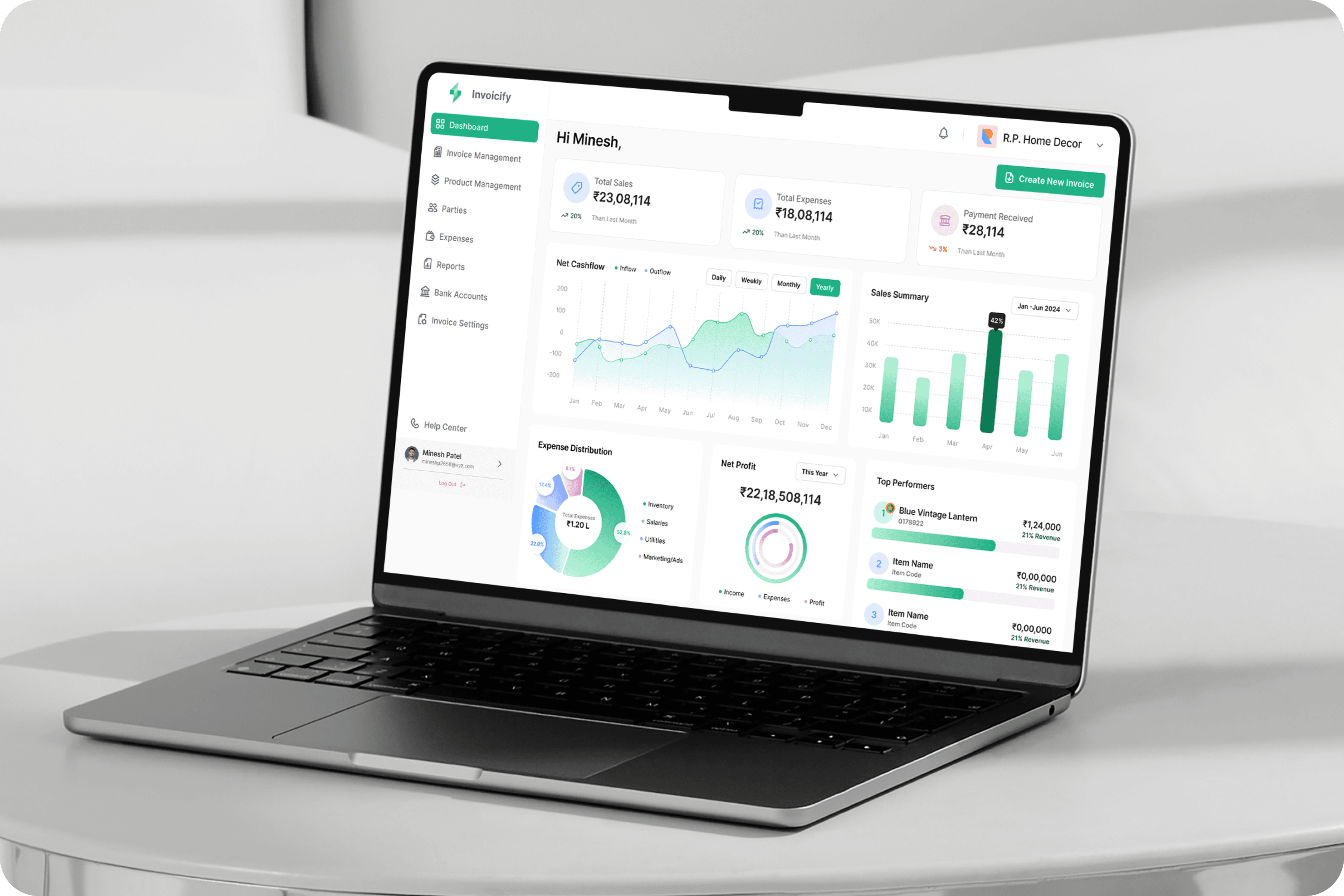 Invoicify billing dashboard displayed on a laptop