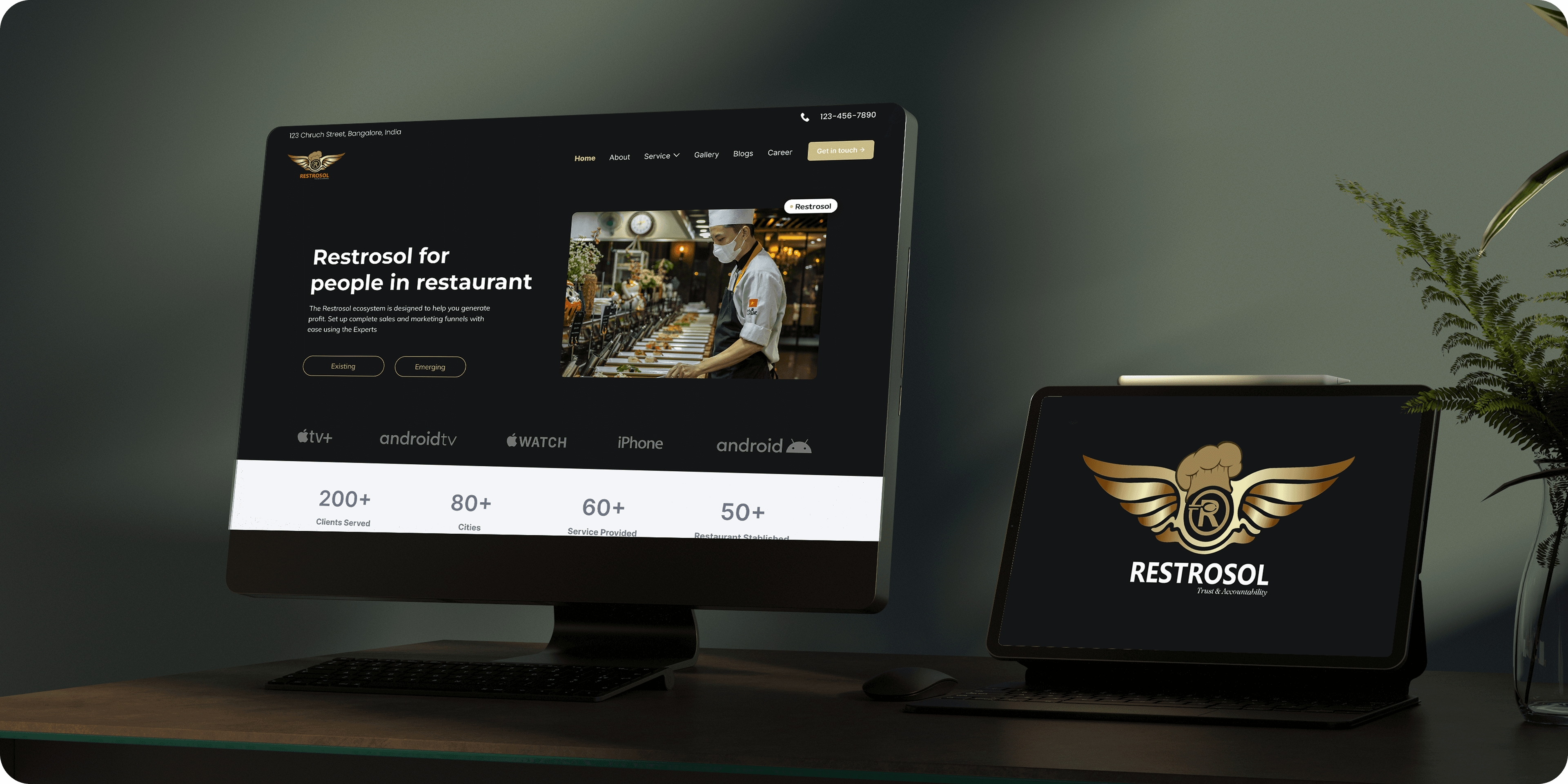 Restrosol hospitality website displayed on desktop and laptop screens